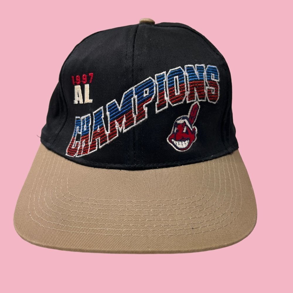 Vintage 90s Cleveland Indians Hat Cap Snap Back Mens Black Brown‎ Wahoo Baseball